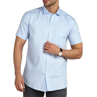 Mildin Mens Regular Cotton Blend Light Blue Slim Fit Solid Button Down Spread Collar Half Sleeve Curved Hemline Formal Shirt With One Pocket (Sky Blue Plain Half 2 - Xl)