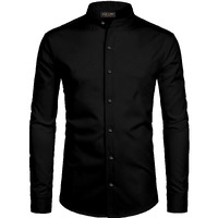 Mildin Mens Regular Cotton Blend Black Slim Fit Solid Button Down Mandarin Chinese Collar Full Sleeve Curved Hemline Casual Shirt (Black Chinese 2 - M)