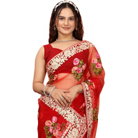 Vairagee Women Beautiful Net Red Floral Pattern Embroidery Saree With Unstitched Blouse (6275_6)