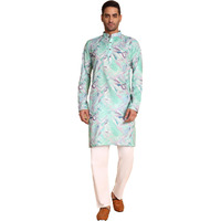 Vardha Mens Cotton Kurta With Impressionist Digital Print Pattern Long Kurtas, Regular Mandarin Collar Straight Fit Printed Kurtas For Men, Blue, Large