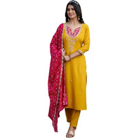 Navlik Womens Bsy Viscose Embroidered Straight Kurta With Pant And Dupatta Sets (Nk-628-Mustard-L) Yellow