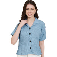 Vairagee Women Cotton Blend Blue Striped Pattern V-Collar Half Sleeve Stylish Boxy Shirt (1621)