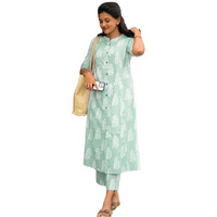 24 Carat Suit Womens Rayon Kurta And Pant Coord Set With Regular Fit Printed Mandarin Collared Neck Down Button 3/4 Sleeve Aline Calf Length Closure Type Pull On (2Ckp18_Pista_M)