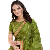 Ekasya Women Vichitra Silk Olive Green Diamond Bandhani Pattern Embroidery Work Saree With Unstitched Blouse (E6283_3)