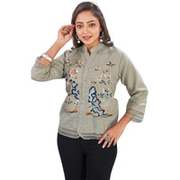 Kesudi Womens Embroidered Button-Down Shirt For Womens | Casual Wear Floral Design Tunic Shirt | 3/4 Sleeve Mandarin Collar Shirt For Womens (In, Alpha, M, Regular, Grey)