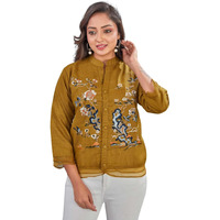 Kesudi Womens Embroidered Button-Down Shirt For Womens | Casual Wear Floral Design Tunic Shirt | 3/4 Sleeve Mandarin Collar Shirt For Womens (In, Alpha, 2Xl, Regular, Mustard)