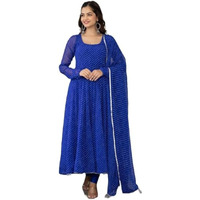 Modestouze Attires Womens Georgette Anarkali Kurti Pants Dupatta Sets With Floral Printed Calf Length Round Neck And Long Sleeves Co-Ord Set -Pack Of 3 Blue
