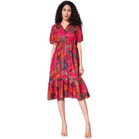 Kuduzo Womens Tropical Print Midi Dress, Short Puff Sleeves, V-Neck, Ruffle Hem, Pink And Orange Floral (In, Alpha, M, Regular, Pink)