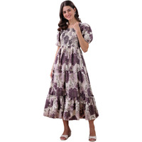 Kuduzo Floral Print Maxi Dress, Smocked Bodice, Puff Sleeves, Navy Blue And Pink, Ankle Length (In, Alpha, 2Xl, Regular, Purple)
