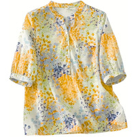 Gufrina Womens Mustard Yellow Abstract Printed Western Top With Mandarin Collar, Half Button Placket And Relaxed Sleeves(Mustard-M)