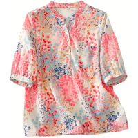 Gufrina Womens Blush Pink Abstract Printed Western Top With Mandarin Collar, Half Button Placket And Relaxed Fit Sleeves(Pink-Xl)