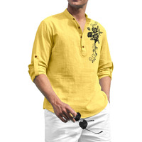 Zombom Mens Cotton Blend Mandarin Collar Self One Design Printed Full Sleeve Casual Short Kurta Shirt Yellow