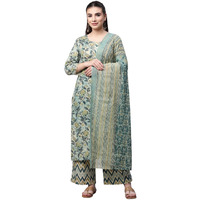 Serona Fabrics Womens Pure Cotton Jaipuri Floral Print Straight Kurta Set Light Green