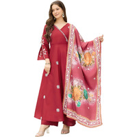 Navlik Womens Chanderi Silk With Lining Embroidered Flared Kurta With Pant And Dupatta Sets (Nk-Herry-Maroon-M)