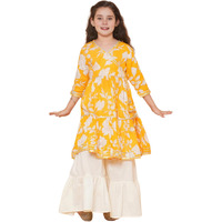 Naixa Girls Yellow Rayon V Neck 3/4 Sleeve Floral Printed Kurta And Sharara With Dupatta Set | Latest Floral Designer Printed Salwar Suits Set For Girls (Se43_7-8 Year)