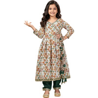 Naixa Girls Rayon Anarkali Cream Printed Tassel Tie Kurta Set With Churidar Outfit V Nack 3/4 Sleeves And Golden Lace Dupatta (7-8 Years)