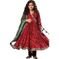 Naixa Girls Red Anarkali Side Tassels Work Kurta Set With V Nack 3/4 Sleeves Lace Work And Solid Green Golden Lace Dupatta_9 Years-10 Years