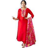 Naixa Womens Rayon Embroidered Straight Kurta With Pant And Dupatta Sets (Nx-498-Red-Xl)