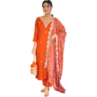 Naixa Womens Orange Bsy Viscose Embroidered Straight Kurta With Bsy Viscose Pant And Silk Blend Embroidered Laced Dupatta Sets (Nx-640-Orange-L)