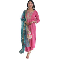 Naixa Womens Gajri Viscose Silk Embroidered Straight Kurta With Viscose Silk Pant And Jacquard Jacquard Dupatta Sets (Nx-657-Gajri-L)