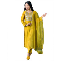 Naixa Womens Yellow Chanderi Embroidered Straight Kurta With Chanderi Pant And Net Laced Dupatta Sets (Nx-P-471-Yellow-S)