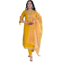 Naixa Womens Yellow Viscose Embroidered Straight Kurta With Viscose Pant And Taby Printed Dupatta Sets (Nx-642-Yellow-S)