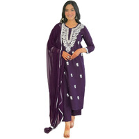 Naixa Womens Violate Pure Cotton Embroidered Straight Kurta With Cotton Pant And Nazneen Laced Dupatta Sets (Nx-691-Violet-L)