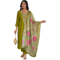 Naixa Womens Lime Viscose Embroidered Straight Kurta With Viscose Pant And Jacquard Printed Dupatta Sets (Nx-692-Lime-Green-M)