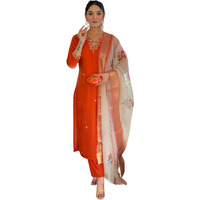 Naixa Womens Rust Bsy Viscose Embroidered Straight Kurta With Bsy Viscose Pant And Organza Jacquard With Digital Print Dupatta Sets (Nx-684-Rust-S)
