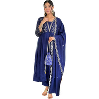 Naixa Womens Blue Vichitra Silk Embroidered Flared Kurta With Rayon Pant And Vichitra Silk Laced Dupatta Sets (Nx-688-Blue-Xl)