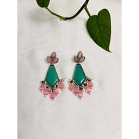 Stunning multicolor chandelier earring | Silver oxidized Indian earring in green and pink stones | Indian jewelry