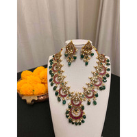 Jadau kundan necklace earring set | Chandbali design necklace set with victorian finish | Green and pink stone