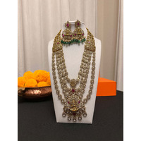 Moissanite stranded Rani haar | 4 layered moissanite necklace and earring set with victorian finish | Green and pink stone necklace