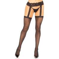Leg Avenue Women's Sheer Stockings with Attached Lace Garter Belt, Black Backseam, One Size