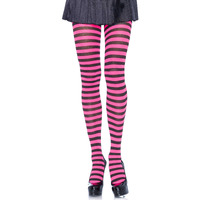 Leg Avenue Women's Nylon Striped Tights, Black/Neon Pink, One Size