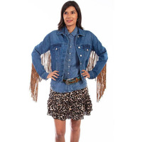 Scully Western Jacket Womens Jean Leopard Fringe S Denim F0_HC647