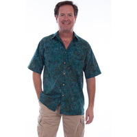 Scully Western Shirt Mens S/S Leaf Batik Button XLT Deep Sea F0_5267