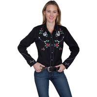 Scully Skulls and Roses Embroidered snap frot Western Shirt PL771 BLK ***, Black, Small