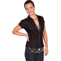 Scully Honey Creek Lace Cap Sleeve Top W/Flirty Snap Front Black SM