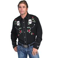 Scully Men's Skull and Roses Embroidered Retro Western Shirt Big Black 4X