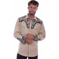 Scully Men's Floral Tooled Embroidered Long Sleeve Western Pearl Snap Shirt Tan XX-