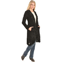 Scully Women's Helena Long Soft Suede Fringe Leopard Lining Coat, Black, SM