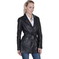 Scully Women's Leatherwear Washed Lamb Leather Adjustable Belt Coat Black Small