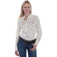 Scully Women's Western Horseshoe Long Sleeve Pearl Snap Shirt Cream US