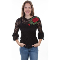 Scully Women's Honey Creek by Rose Applique Long Sleeve Lace Top Black Medium US