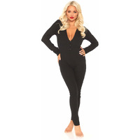 Leg Avenue Women's Cozy Brushed Ribbed Jersey Adult Onesie with Cheeky Back Flap, Black, Medium-Large