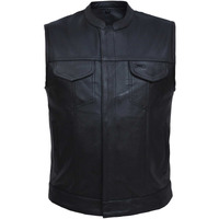 Men's Premium SOA Style Collared Leather Club Vest,Black,Size - XL