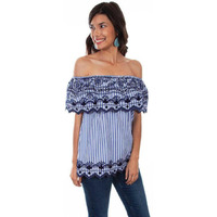 Scully Stripe Embroidered Ruffle Blouse Navy MD