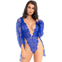 Leg Avenue Women's 3 Pc Lace Teddy and Robe Set, Royal Blue, Small