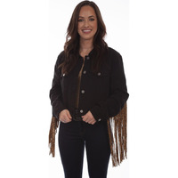 Scully Women's Honey Creek by Leopard Fringe Denim Jacket Black Large
